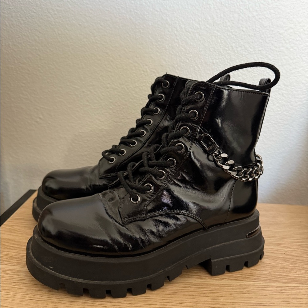 Aldo Black Leather Combat Boots with Chain Detail